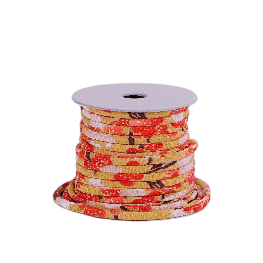 ちりめん丸ひも・柄・2ミリ(実寸約3ミリ) 梅すだれ・からし 10cm単位 切り売り 和風紐細め クラフト用 布製ひも 和柄コード梅柄 マスタード黄色