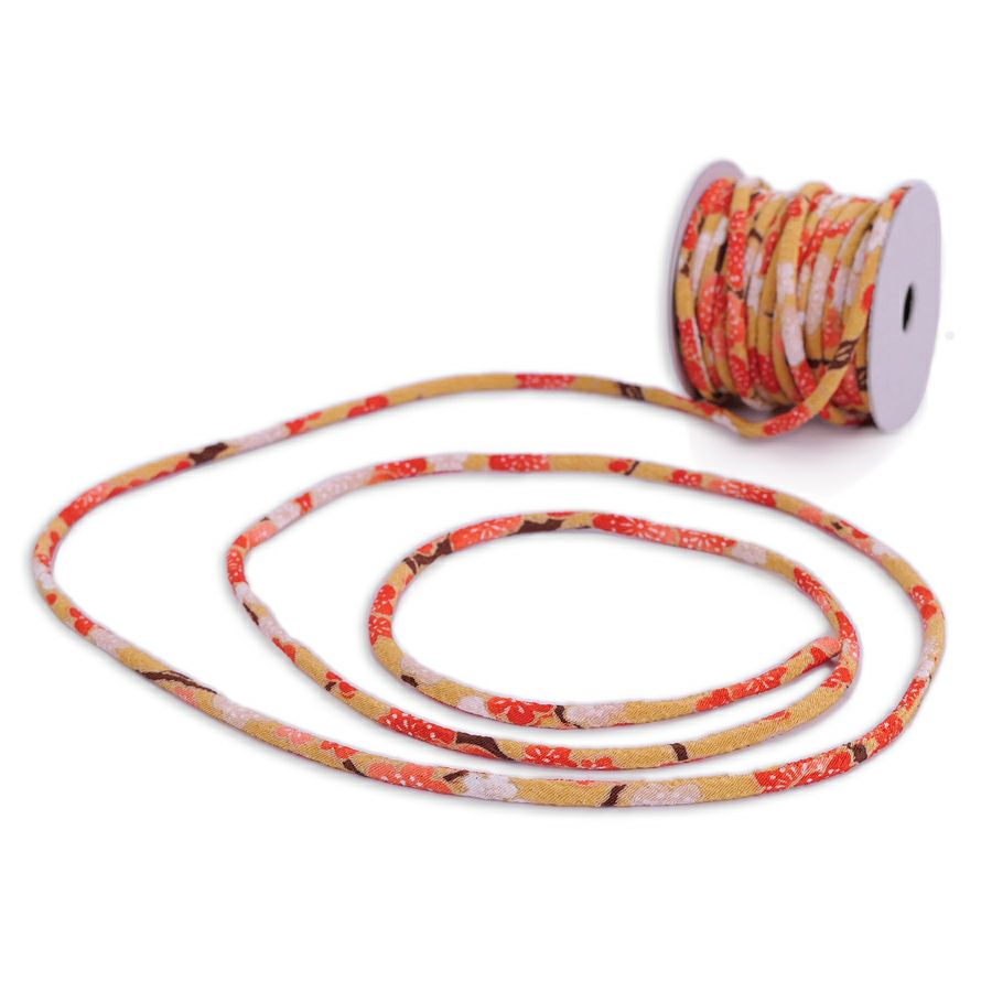 ちりめん丸ひも・柄・2ミリ(実寸約3ミリ) 梅すだれ・からし 10cm単位 切り売り 和風紐細め クラフト用 布製ひも 和柄コード梅柄 マスタード黄色