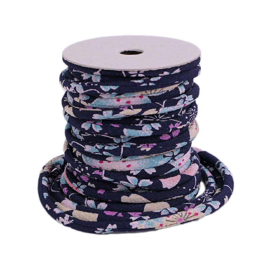 ちりめん丸ひも・柄・4ミリ(実寸約4-6ミリ) 桜祭・紺 10cm単位 切り売り 和装髪飾りひも 和柄コード 和の紐 チリメン生地のヒモ 桜柄紺色