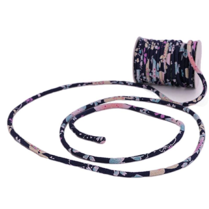 ちりめん丸ひも・柄・3ミリ(実寸約3-4ミリ) 桜祭・紺 10cm単位 切り売り 縮緬丸紐 和のひも 和風コード花柄 クラフト用 ネイビー桜まつり