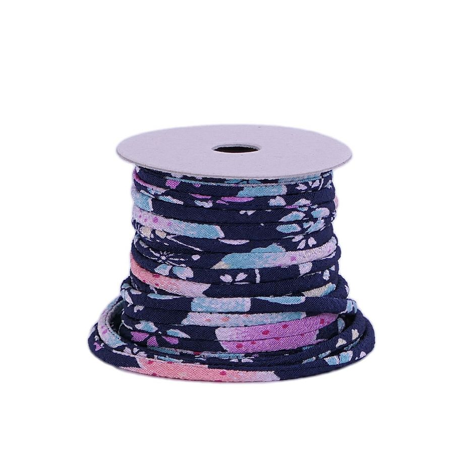 ちりめん丸ひも・柄・2ミリ(実寸約3ミリ) 桜祭・紺 10cm単位 切り売り 和風紐細め クラフト用 布製ひも 和柄コード桜柄 ネイビーブルー