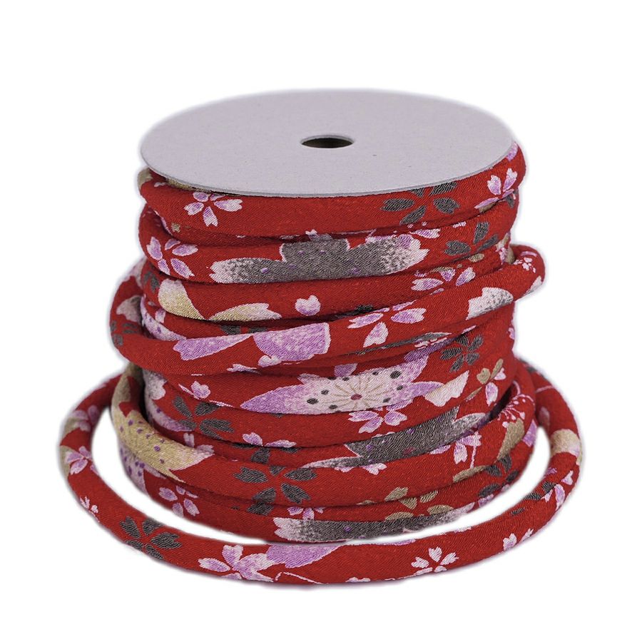 ちりめん丸ひも・柄・8ミリ(実寸約8-10ミリ) 桜祭・赤 10cm単位 切り売り 和モダンコード 和風紐 可愛い花柄のひも 華やか桜柄 太い紐和調