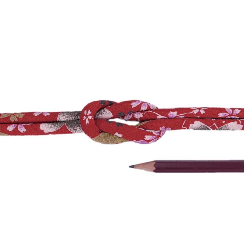 ちりめん丸ひも・柄・8ミリ(実寸約8-10ミリ) 桜祭・赤 10cm単位 切り売り 和モダンコード 和風紐 可愛い花柄のひも 華やか桜柄 太い紐和調