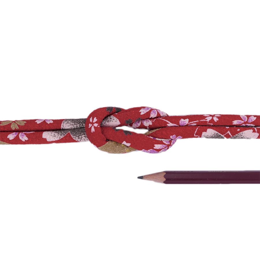 ちりめん丸ひも・柄・8ミリ(実寸約8-10ミリ) 桜祭・赤 10cm単位 切り売り 和モダンコード 和風紐 可愛い花柄のひも 華やか桜柄 太い紐和調