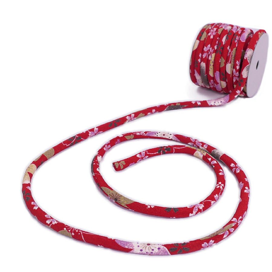 ちりめん丸ひも・柄・8ミリ(実寸約8-10ミリ) 桜祭・赤 10cm単位 切り売り 和モダンコード 和風紐 可愛い花柄のひも 華やか桜柄 太い紐和調