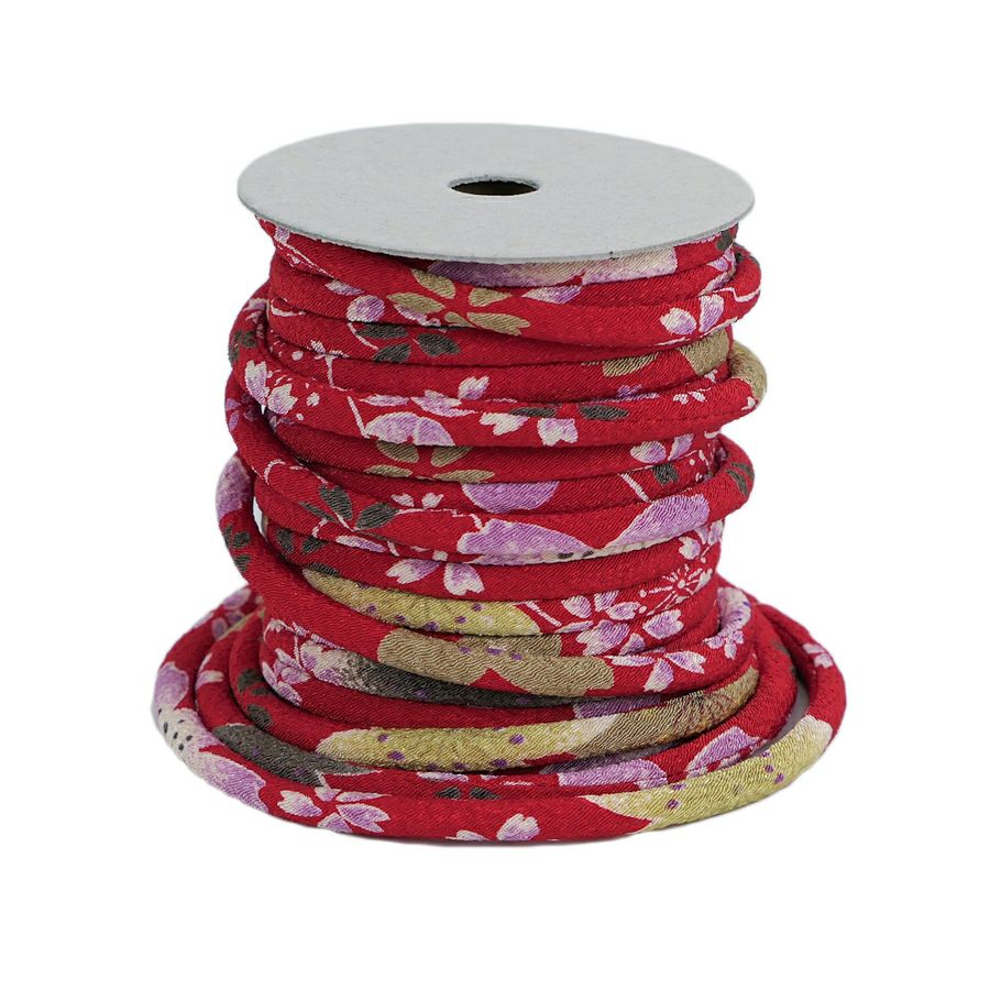 ちりめん丸ひも・柄・4ミリ(実寸約4-6ミリ) 桜祭・赤 10cm単位 切り売り 和装髪飾りひも 和柄コード 和の紐 チリメン生地のヒモ 可愛い