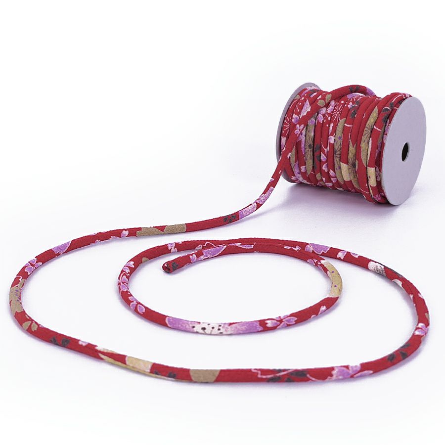ちりめん丸ひも・柄・4ミリ(実寸約4-6ミリ) 桜祭・赤 10cm単位 切り売り 和装髪飾りひも 和柄コード 和の紐 チリメン生地のヒモ 可愛い