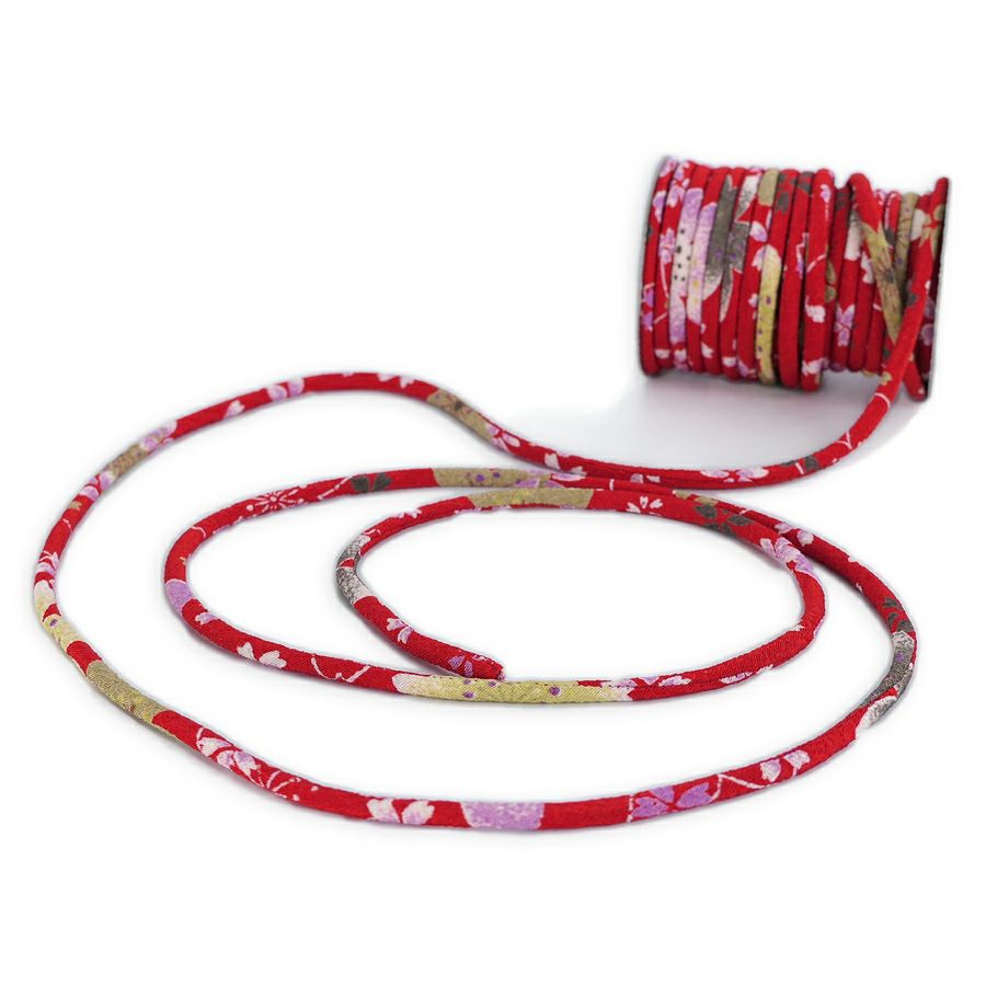 ちりめん丸ひも・柄・3ミリ(実寸約3-4ミリ) 桜祭・赤 10cm単位 切り売り 縮緬丸紐 和のひも 和風コード花柄 赤系色華やか クラフト材料