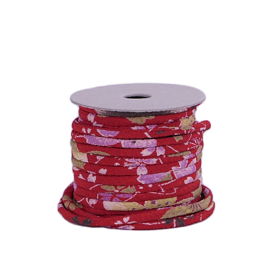 ちりめん丸ひも・柄・2ミリ(実寸約3ミリ) 桜祭・赤 10cm単位 切り売り 和風紐細め クラフト用 布製ひも 和柄コード桜柄 華やかな花柄