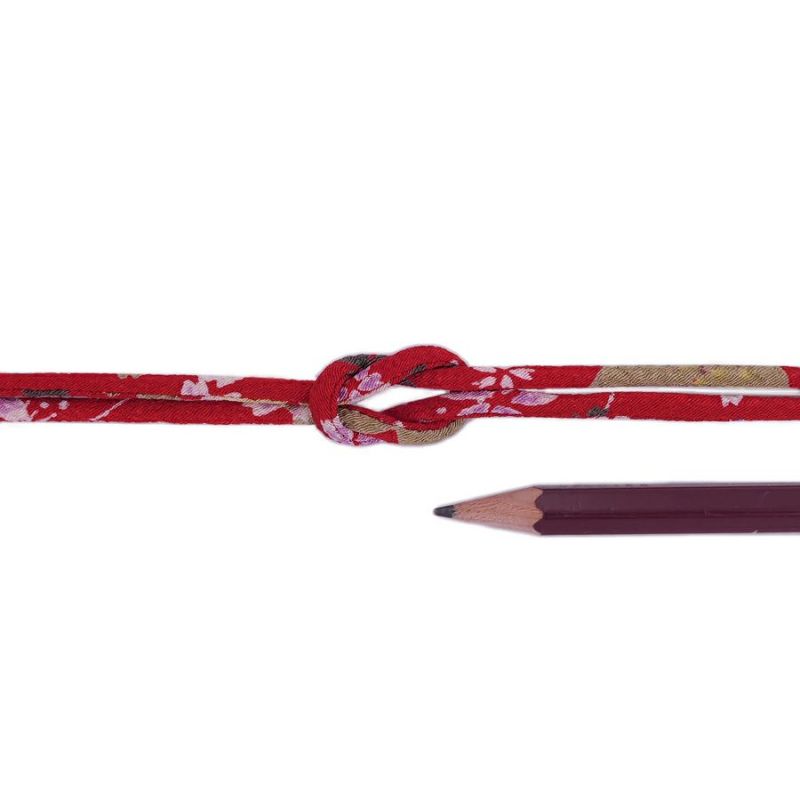 ちりめん丸ひも・柄・2ミリ(実寸約3ミリ) 桜祭・赤 10cm単位 切り売り 和風紐細め クラフト用 布製ひも 和柄コード桜柄 華やかな花柄