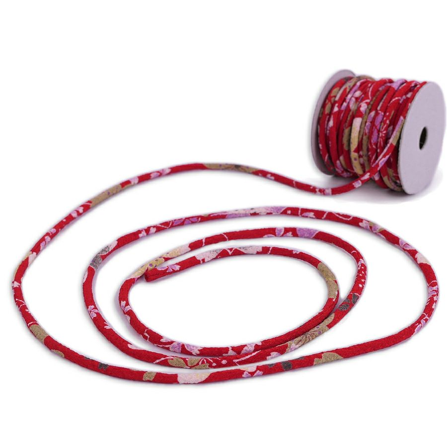 ちりめん丸ひも・柄・2ミリ(実寸約3ミリ) 桜祭・赤 10cm単位 切り売り 和風紐細め クラフト用 布製ひも 和柄コード桜柄 華やかな花柄