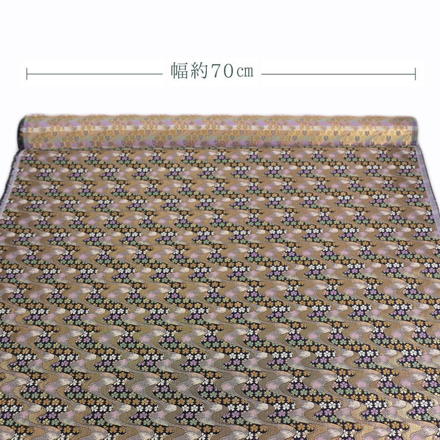 金襴生地(金らん) 花しぐれ流水文様(黒) 10cm単位 切り売り 西陣織きんらん化繊 和風生地伝統柄 和調花柄 雑貨衣装向き 黒金