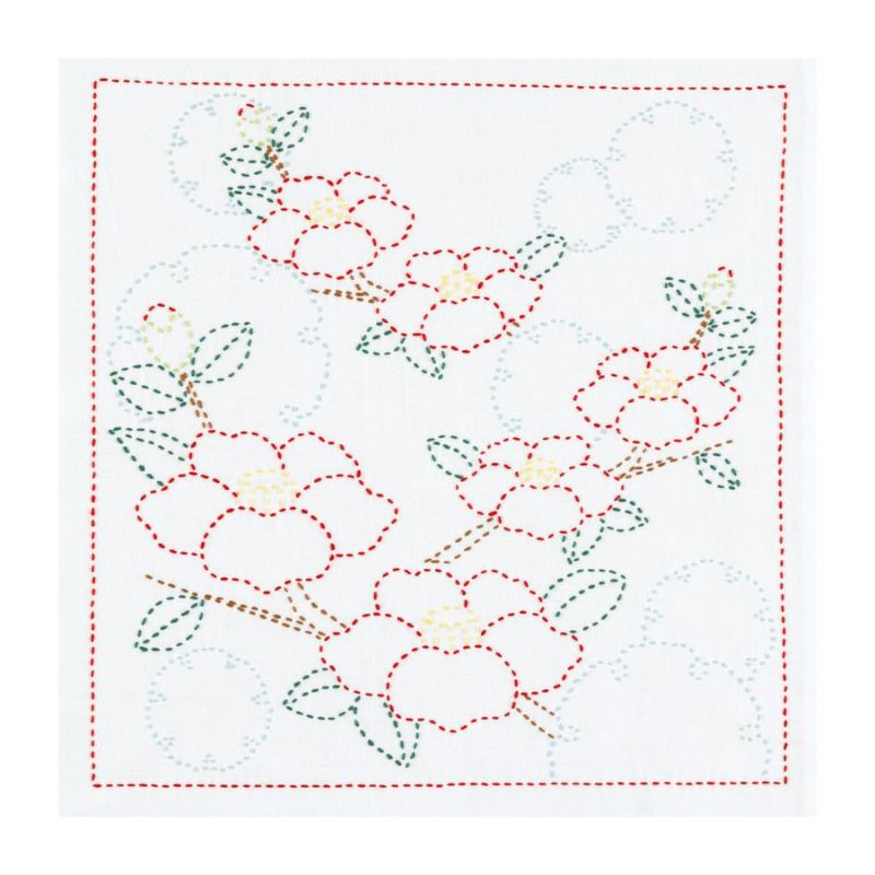 刺し子キット 花ふきん 雪輪の椿 刺子さしこ布巾キット冬向き ツバキの花柄 初心者向き簡単手芸