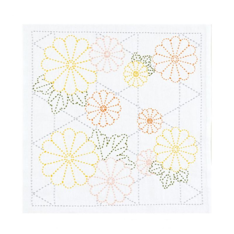刺し子キット 花ふきん 重陽の菊かごめ 重陽の節句 刺子布巾菊模様 初心者向きクラフト オリムパス製絲