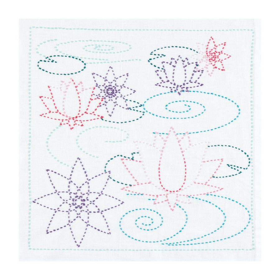 刺し子キット 花ふきん 水面の蓮 刺子ふきんキット 初心者OK 簡単夏のクラフト 手作り 夏休みに