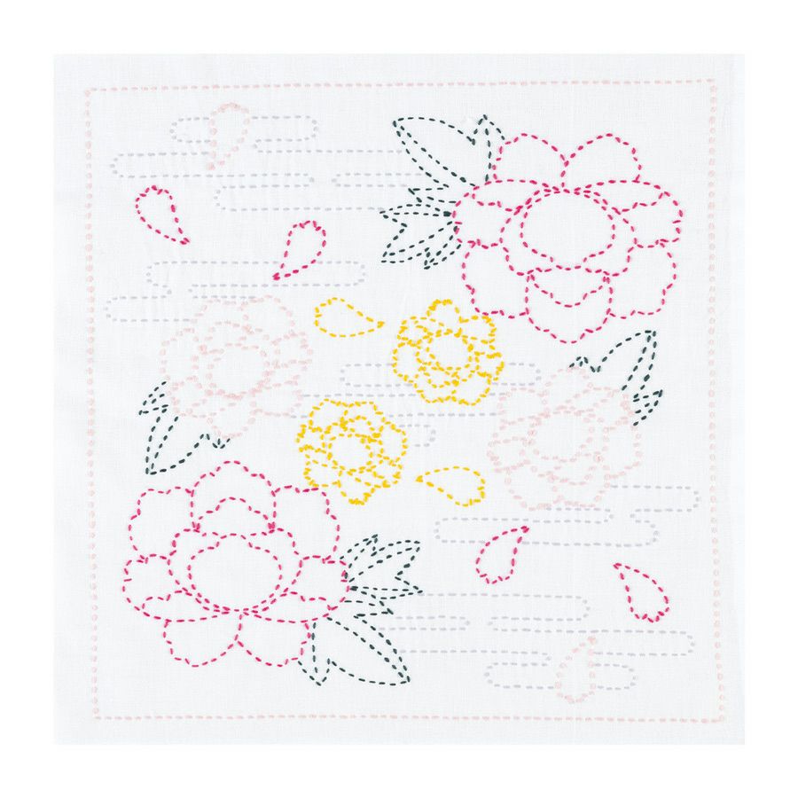 刺し子キット 花ふきん 春霞の牡丹 刺子キット初心者向き さしこ布巾制作セット ぼたんの花