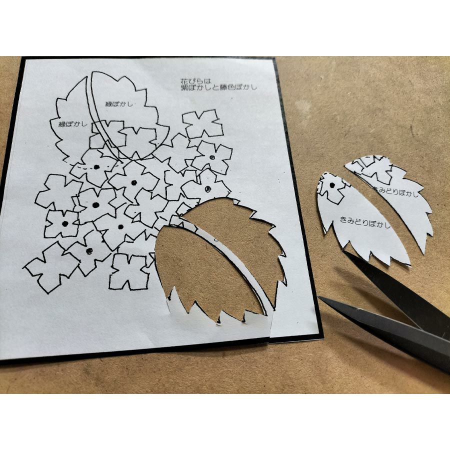 ちりめん貼り絵キット 切り絵花「紫陽花」 簡単ちりめん手芸 布貼り絵クラフト 子供向き 高齢者向き手芸