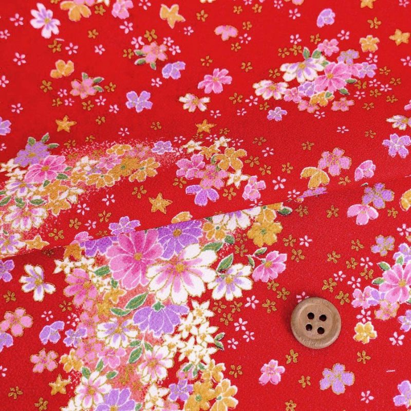 一越ちりめん生地 花々の舞い(赤) 10cm単位 切り売り ひとこしちりめん 縮緬チリメン生地 赤い和柄生地 花柄和風