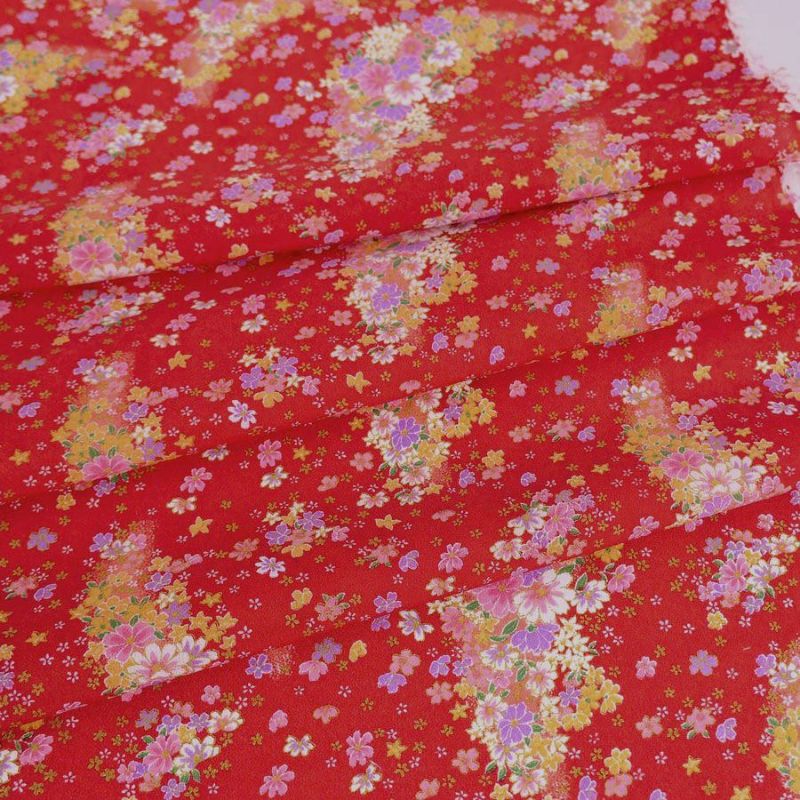 一越ちりめん生地 花々の舞い(赤) 10cm単位 切り売り ひとこしちりめん 縮緬チリメン生地 赤い和柄生地 花柄和風