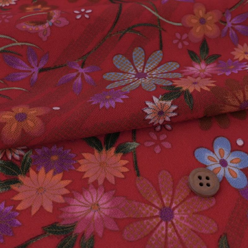一越ちりめん生地 稲妻かのこに花と蝶(赤) 10cm単位 切り売り 古布再現柄縮緬チリメン ひとこしちりめん 可愛い伝統柄 古布調