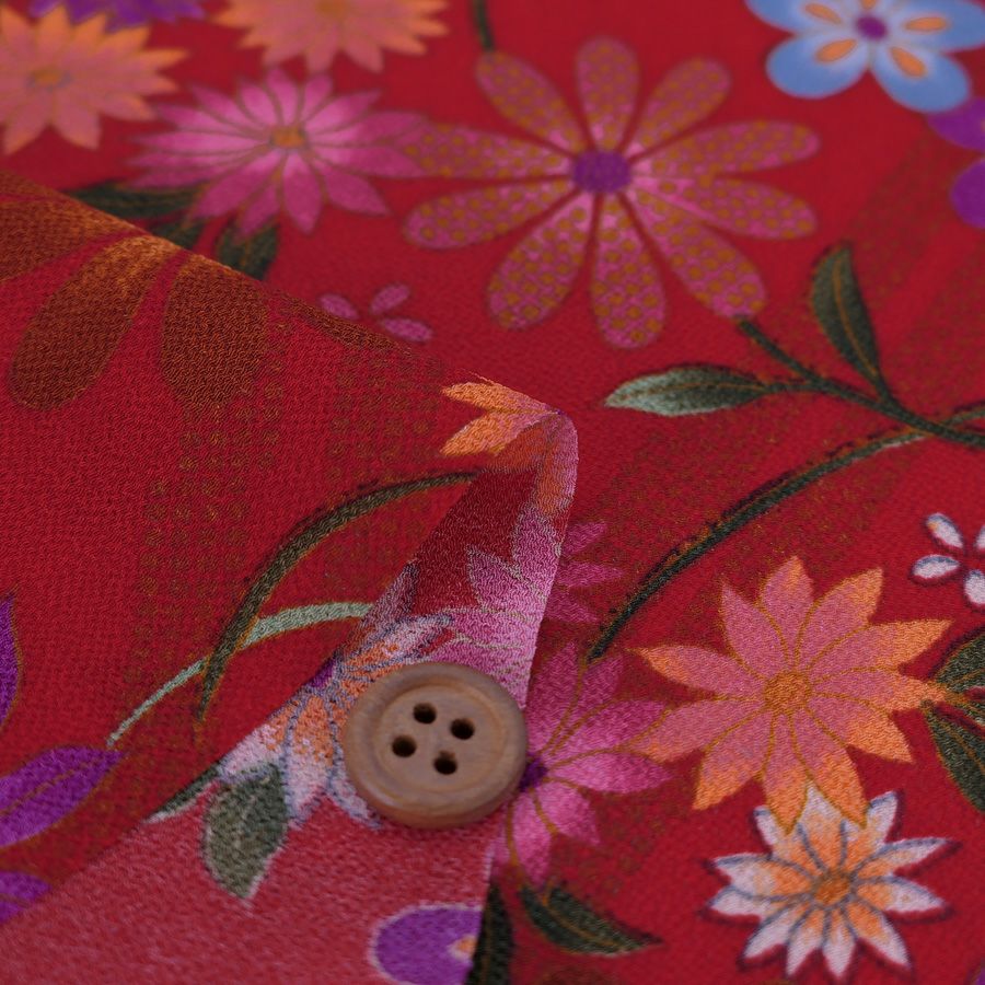 一越ちりめん生地 稲妻かのこに花と蝶(赤) 10cm単位 切り売り 古布再現柄縮緬チリメン ひとこしちりめん 可愛い伝統柄 古布調