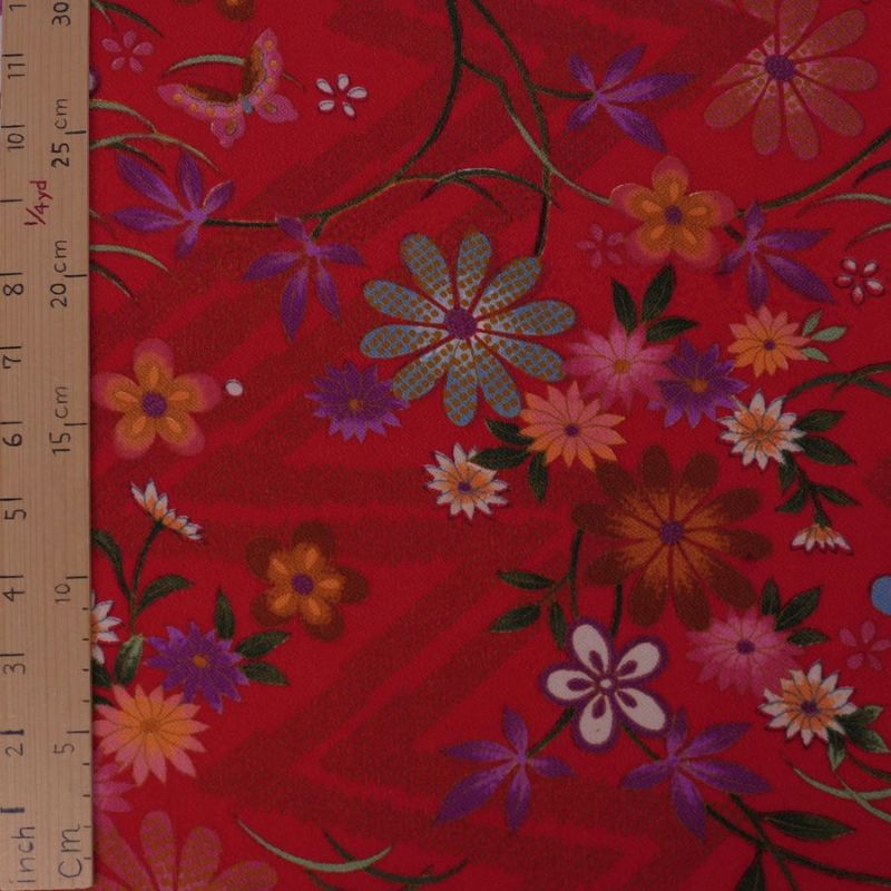 一越ちりめん生地 稲妻かのこに花と蝶(赤) 10cm単位 切り売り 古布再現柄縮緬チリメン ひとこしちりめん 可愛い伝統柄 古布調