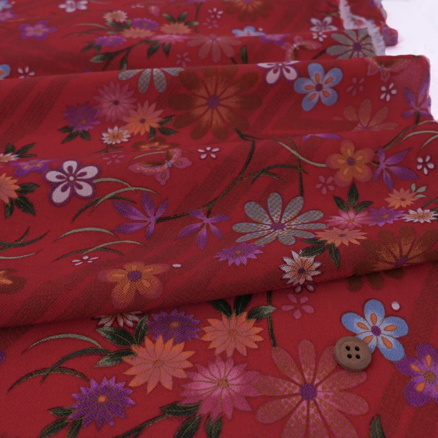 一越ちりめん生地 稲妻かのこに花と蝶(赤) 10cm単位 切り売り 古布再現柄縮緬チリメン ひとこしちりめん 可愛い伝統柄 古布調