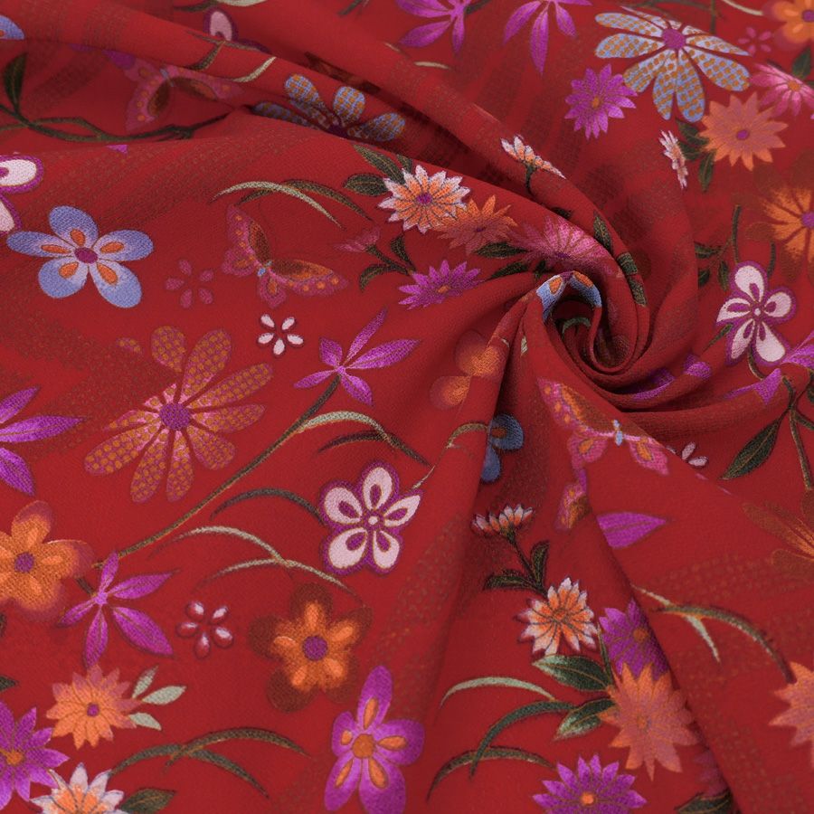 一越ちりめん生地 稲妻かのこに花と蝶(赤) 10cm単位 切り売り 古布再現柄縮緬チリメン ひとこしちりめん 可愛い伝統柄 古布調