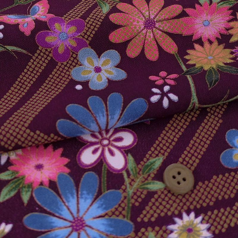 一越ちりめん生地 稲妻かのこに花と蝶(深紫) 10cm単位 切り売り 古布再現柄縮緬チリメン ひとこしちりめん かわいい古典柄古布