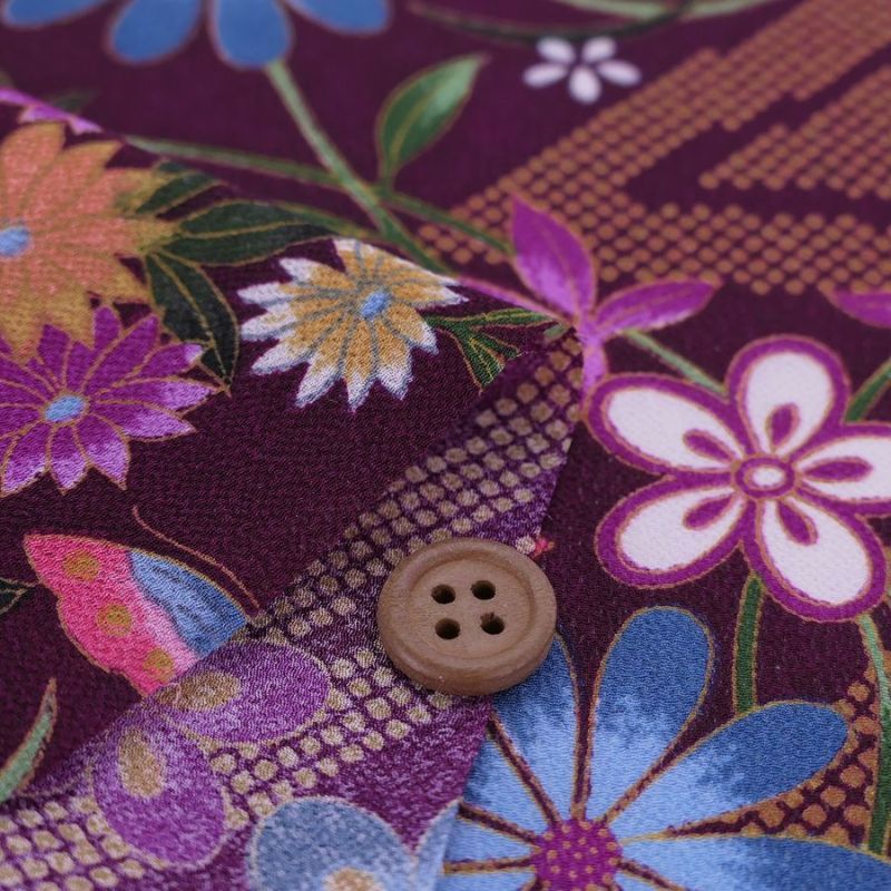 一越ちりめん生地 稲妻かのこに花と蝶(深紫) 10cm単位 切り売り 古布再現柄縮緬チリメン ひとこしちりめん かわいい古典柄古布