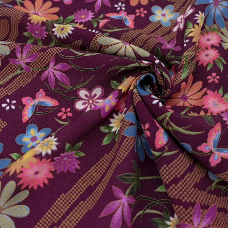一越ちりめん生地 稲妻かのこに花と蝶(深紫) 10cm単位 切り売り 古布再現柄縮緬チリメン ひとこしちりめん かわいい古典柄古布