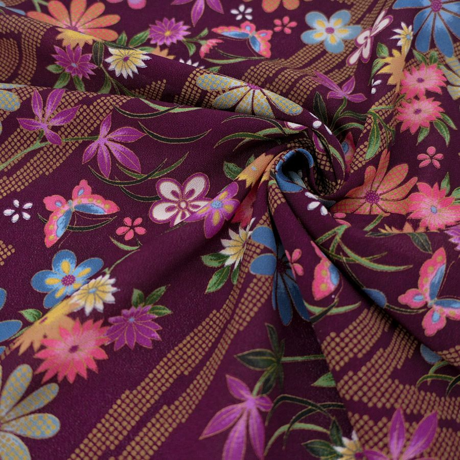 一越ちりめん生地 稲妻かのこに花と蝶(深紫) 10cm単位 切り売り 古布再現柄縮緬チリメン ひとこしちりめん かわいい古典柄古布