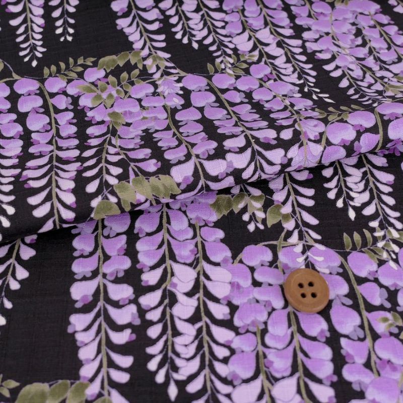 和柄コットン生地 藤の花(黒) 10cm単位 切り売り 黒地藤の花文様 和風花柄木綿 コットンこばやし 女性浴衣生地