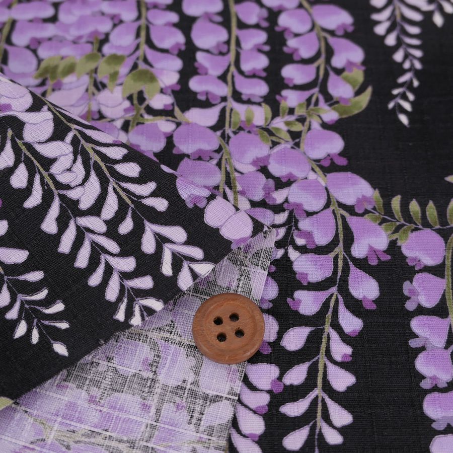 和柄コットン生地 藤の花(黒) 10cm単位 切り売り 黒地藤の花文様 和風花柄木綿 コットンこばやし 女性浴衣生地