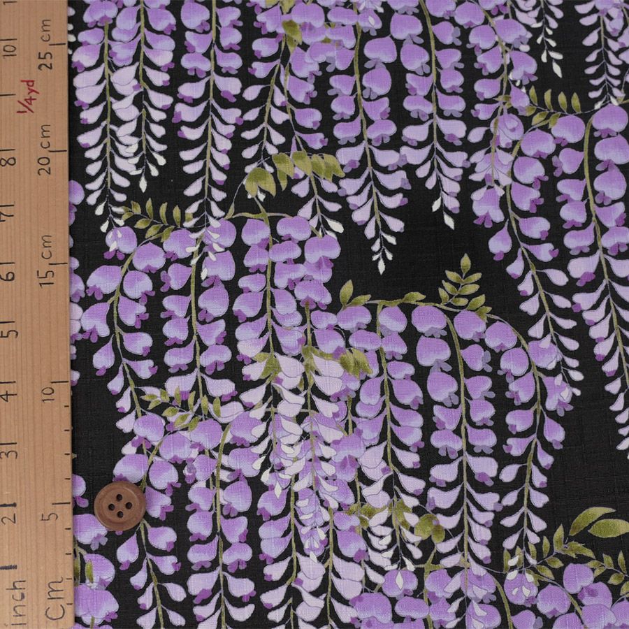 和柄コットン生地 藤の花(黒) 10cm単位 切り売り 黒地藤の花文様 和風花柄木綿 コットンこばやし 女性浴衣生地