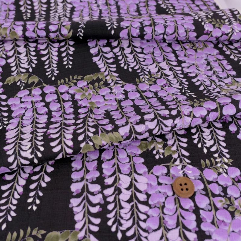 和柄コットン生地 藤の花(黒) 10cm単位 切り売り 黒地藤の花文様 和風花柄木綿 コットンこばやし 女性浴衣生地