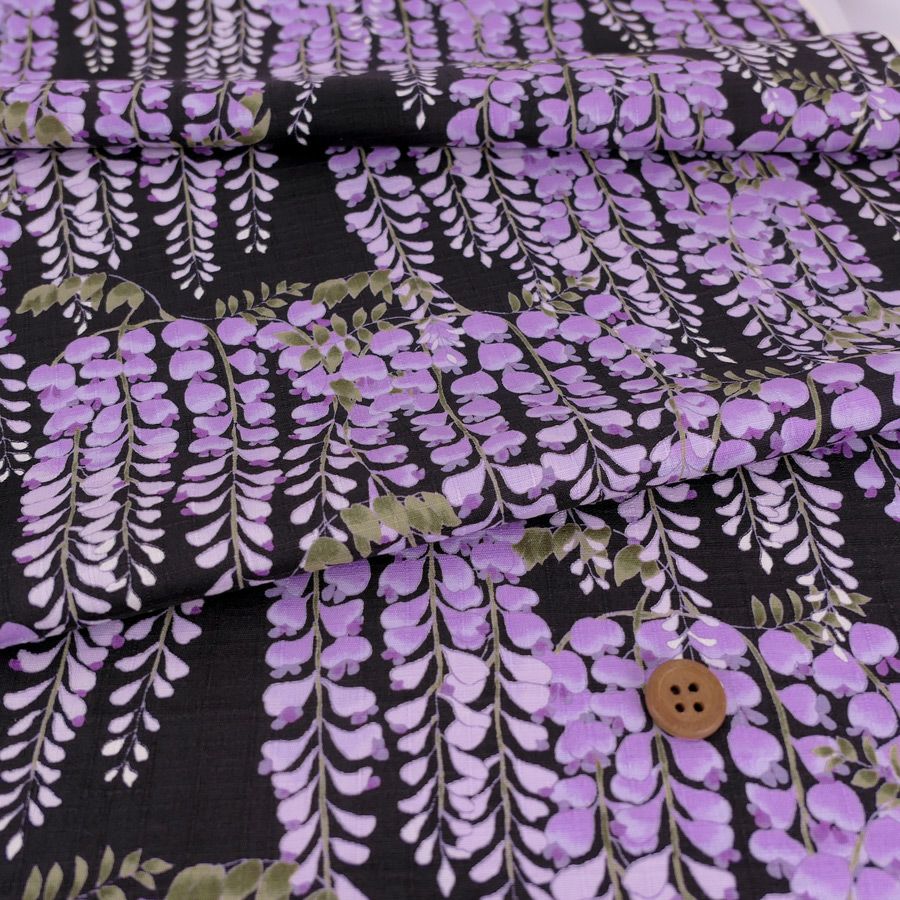 和柄コットン生地 藤の花(黒) 10cm単位 切り売り 黒地藤の花文様 和風花柄木綿 コットンこばやし 女性浴衣生地