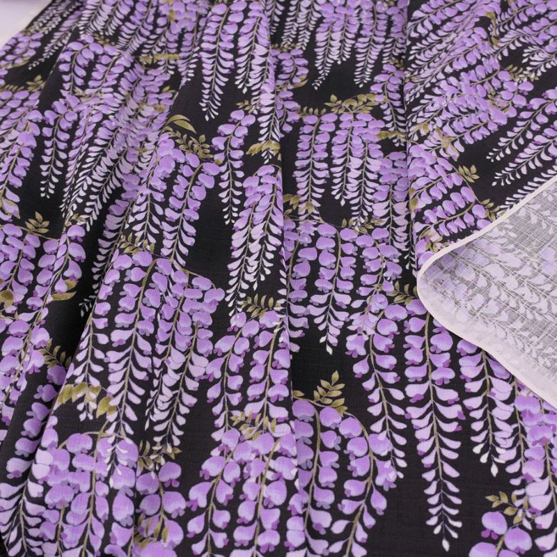 和柄コットン生地 藤の花(黒) 10cm単位 切り売り 黒地藤の花文様 和風花柄木綿 コットンこばやし 女性浴衣生地