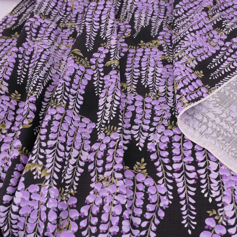 和柄コットン生地 藤の花(黒) 10cm単位 切り売り 黒地藤の花文様 和風花柄木綿 コットンこばやし 女性浴衣生地