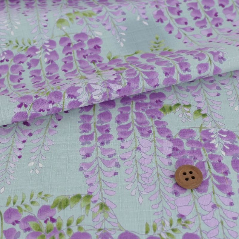 和柄コットン生地 藤の花(ミントグリーン) 10cm単位 切り売り 和モダン花柄布地 コットンこばやし藤の花文様 浴衣甚平生地女性