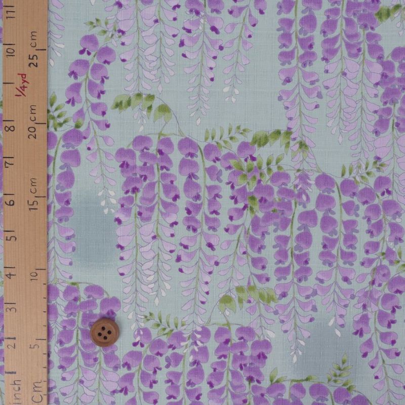 和柄コットン生地 藤の花(ミントグリーン) 10cm単位 切り売り 和モダン花柄布地 コットンこばやし藤の花文様 浴衣甚平生地女性