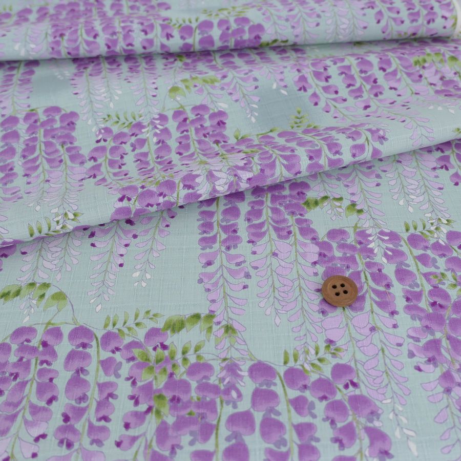 和柄コットン生地 藤の花(ミントグリーン) 10cm単位 切り売り 和モダン花柄布地 コットンこばやし藤の花文様 浴衣甚平生地女性