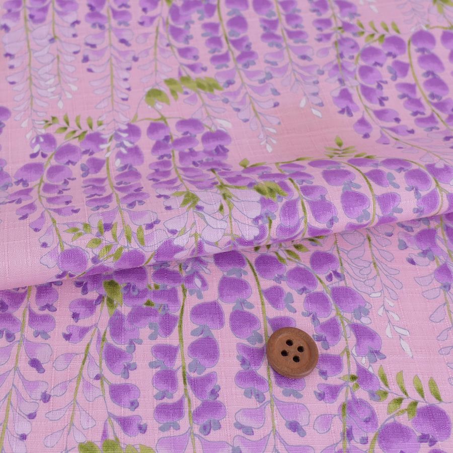 和柄コットン生地 藤の花(ピンク) 10cm単位 切り売り 和風花柄コットンこばやし生地 藤柄 女性浴衣生地 和調下り藤柄