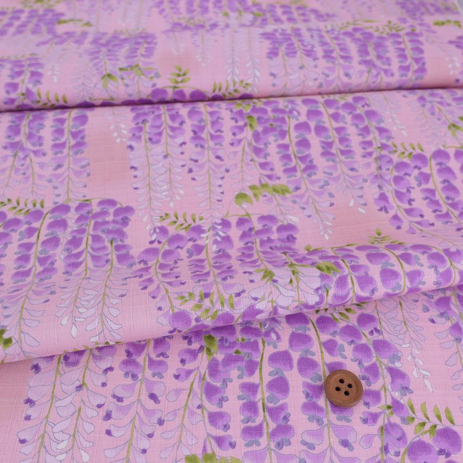 和柄コットン生地 藤の花(ピンク) 10cm単位 切り売り 和風花柄コットンこばやし生地 藤柄 女性浴衣生地 和調下り藤柄