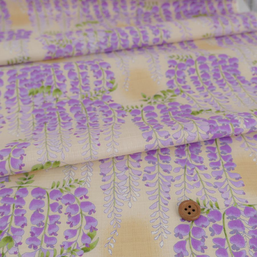 和柄コットン生地 藤の花(アイボリーベージュ) 10cm単位 切り売り 藤の花文様サザンクロス コットンこばやし和風花柄 大きな花柄