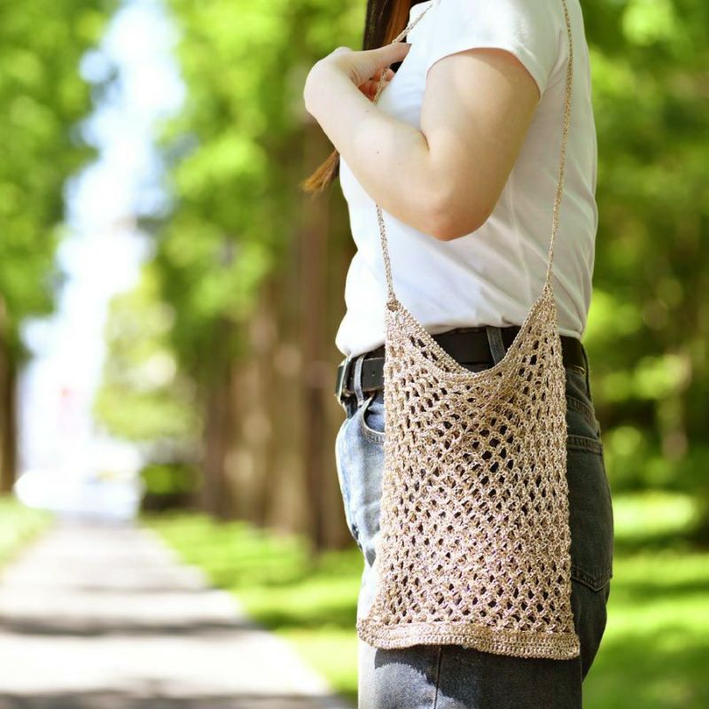 キット・メタリックコードで編むメッシュバッグ(ゴールド×ピンクゴールド) メタリックフリーコード編み物キット ハンドメイドニットバッグ