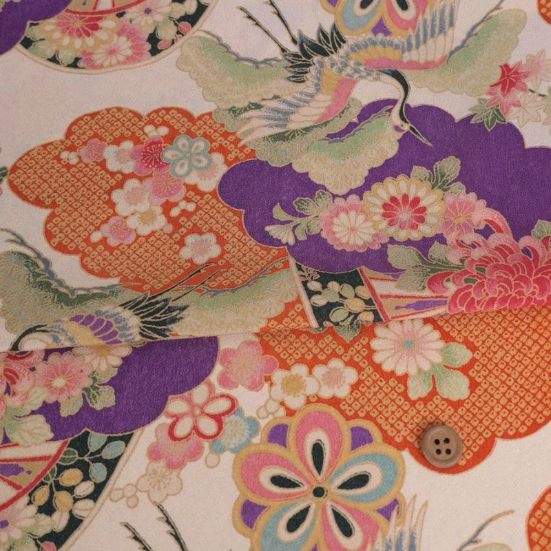 一越ちりめん生地 疋田雲に鶴と菊(白藤) 10cm単位 切り売り ひとこしちりめん 薄手縮緬 古典柄 伝統柄 鶴柄 吉祥文様 手芸用