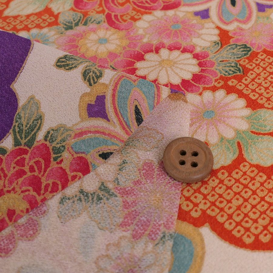 一越ちりめん生地 疋田雲に鶴と菊(白藤) 10cm単位 切り売り ひとこしちりめん 薄手縮緬 古典柄 伝統柄 鶴柄 吉祥文様 手芸用