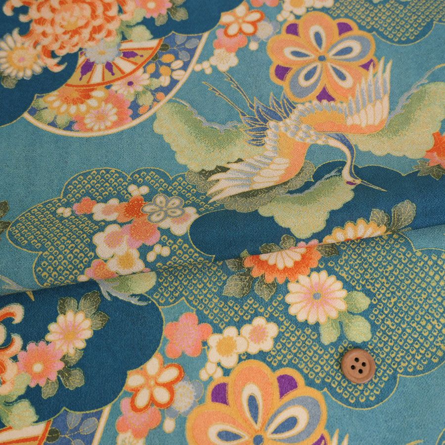 一越ちりめん生地 疋田雲に鶴と菊(青碧) 10cm単位 切り売り ひとこしちりめん 薄手縮緬 古典柄 伝統柄 鶴柄 吉祥文様 青緑色
