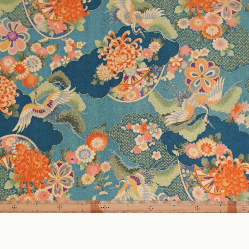 一越ちりめん生地 疋田雲に鶴と菊(青碧) 10cm単位 切り売り ひとこしちりめん 薄手縮緬 古典柄 伝統柄 鶴柄 吉祥文様 青緑色